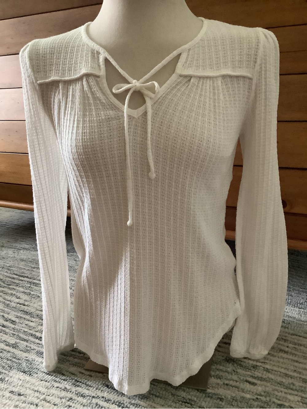 Lucky Brand Cream Waffle Knit Long Sleeve Tie-Neck Top